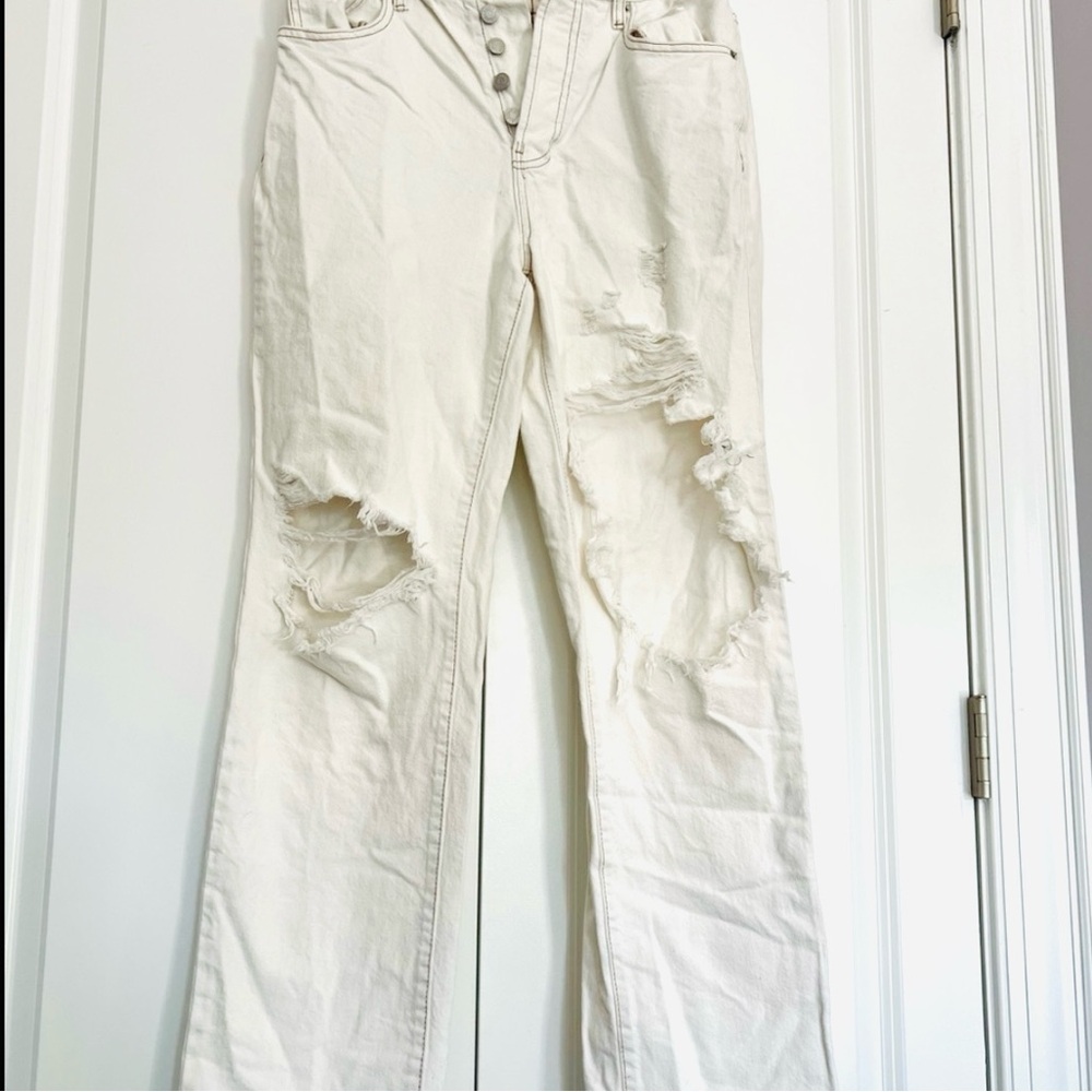 Pacsun Women's Ripped Dad Jeans Button Fly, in Bone w Brown Stitching SZ 27.